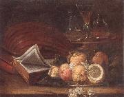 Still life of a lute,books,apples and lemons,together with a gilt tazza with a wine glass and decanters,all upon a stone ledge